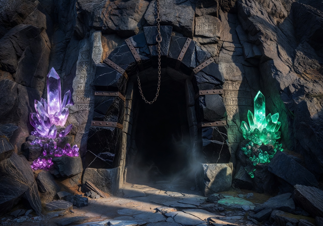 Glowing crystals at the entrance of a dwarven mine